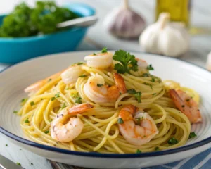 Espaguetis con Gambas plato