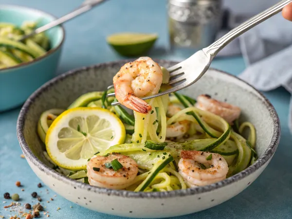 Espaguetis de calabacín salteados con gambas