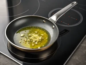 La sartén contiene aceite de oliva con ajo picado.