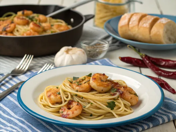 Una mesa preparada para una comida que consiste en espaguetis con Gambas