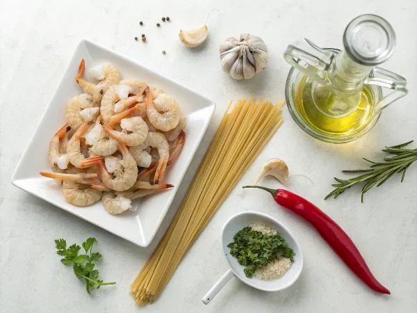 ingredientes para espaguetis con gambas plato