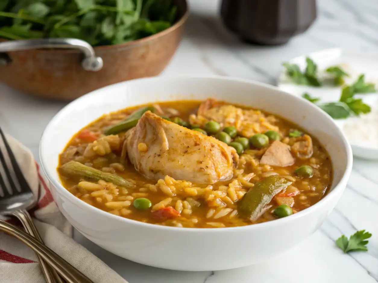 Primer plano de un plato de Arroz caldoso con pollo servido en un bol blanco con verduras y caldo.