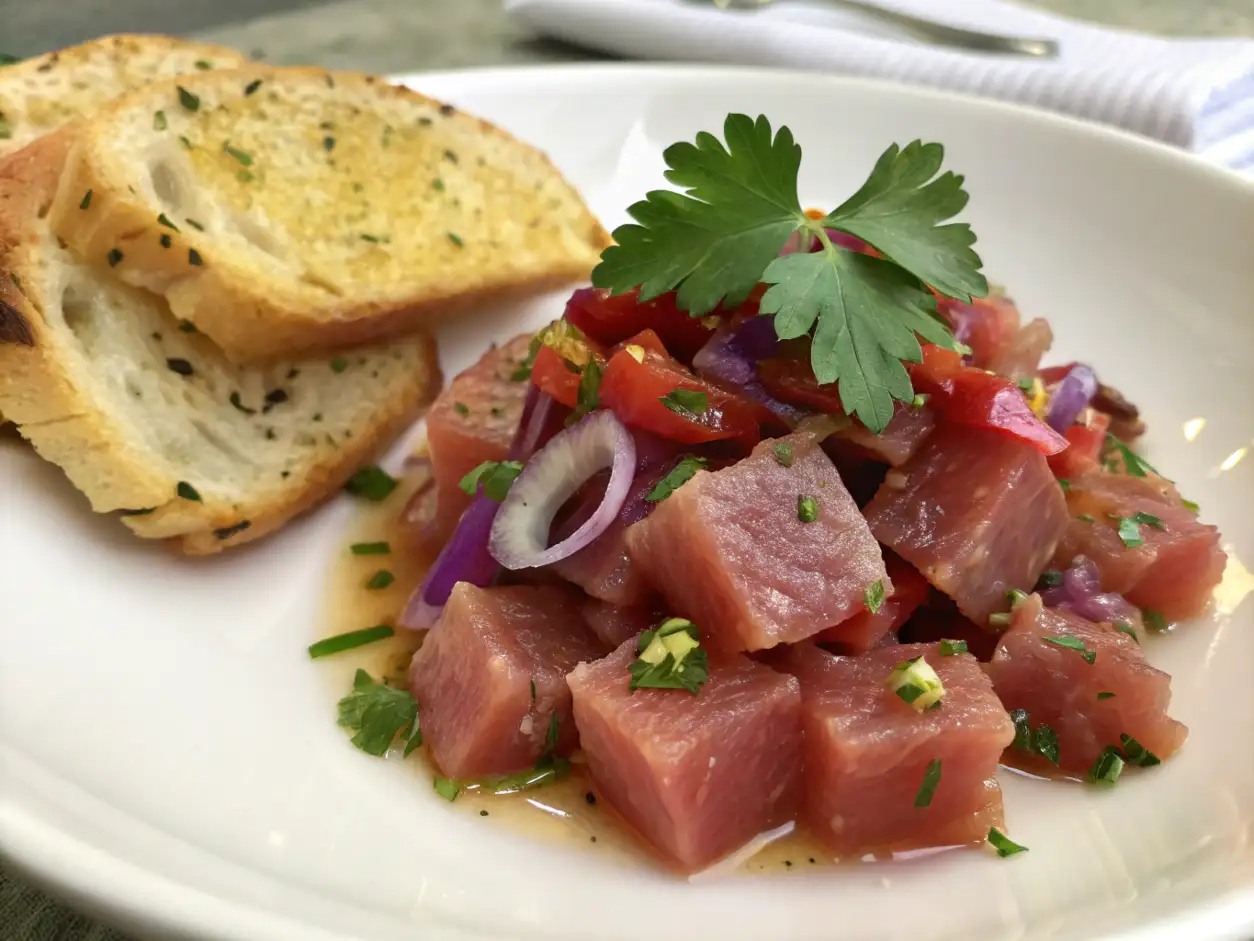 Ceviche de atun fresco servido con tostadas en plato blanco