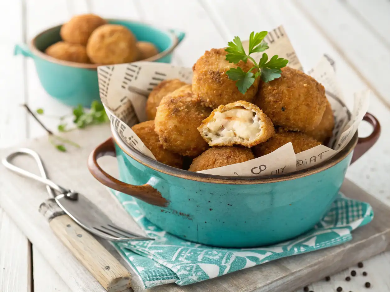 Croquetas de atun caseras doradas y crujientes, servidas en un bol rústico de cerámica turquesa forrado con papel de periódico simulado y adornadas con perejil fresco.