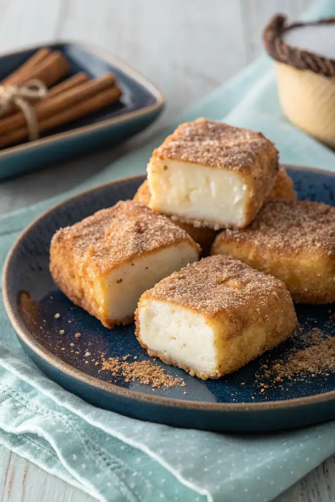 Leche frita dorada y apilada, rebozada en azúcar y canela, sobre plato azul oscuro. Un trozo cortado muestra el interior cremoso. Servilleta turquesa y canela al fondo.