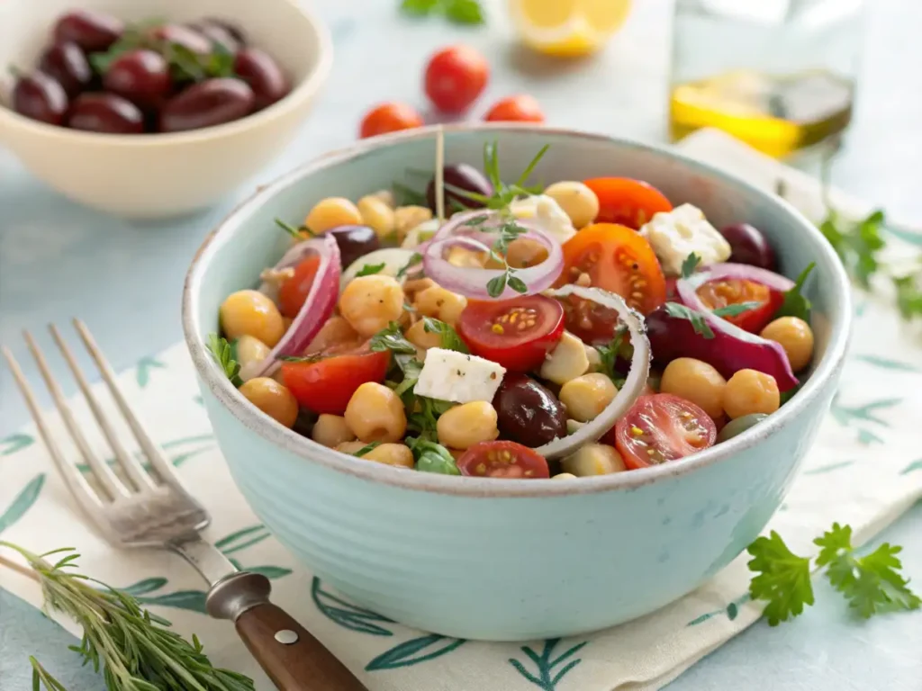 Ensalada de garbanzos mediterránea en un bol azul claro con tomate cherry, aceitunas Kalamata, cebolla roja, queso feta y hierbas frescas, lista para comer.
