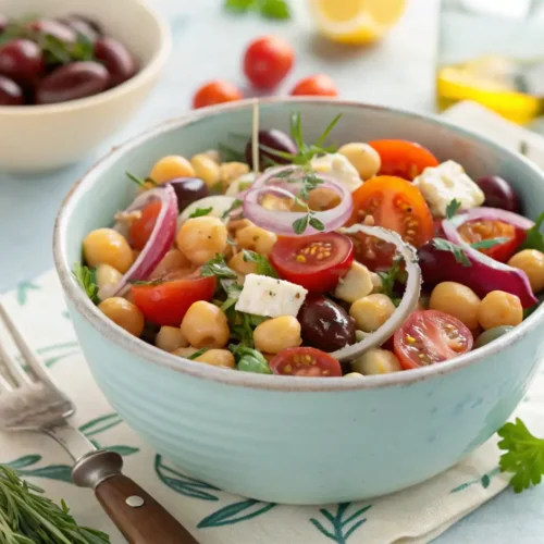 Ensalada de garbanzos mediterránea en un bol azul claro con tomate cherry, aceitunas Kalamata, cebolla roja, queso feta y hierbas frescas, lista para comer.