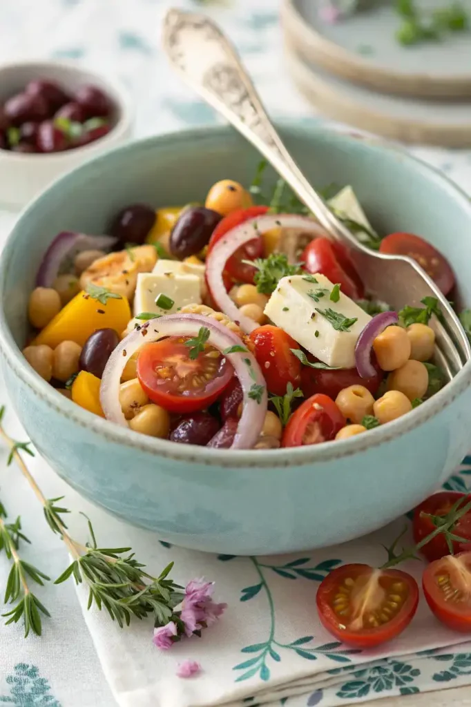 Primer plano de una ensalada de garbanzos mediterránea servida en un bol cerámico de color azul claro, con garbanzos, tomate cherry, queso feta en cubos, aceitunas Kalamata, cebolla roja en aros, pimiento amarillo y perejil fresco, con un tenedor dentro.