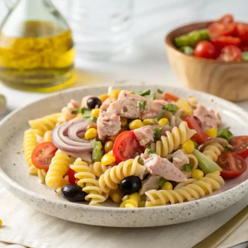 Plato de Ensalada de pasta con atún con fusilli, tomate cherry, aceitunas negras, maíz, cebolla roja y trozos de atún, servido sobre un paño de cocina, con botella de aceite, vaso y bol de madera al fondo sobre mármol blanco