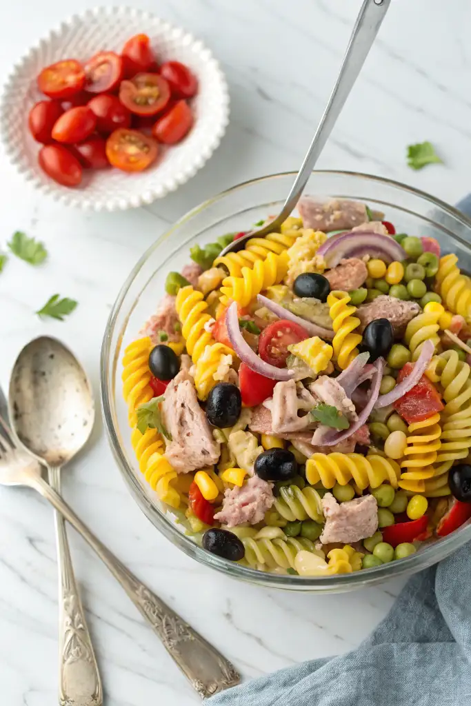 Bol de cristal transparente lleno de Ensalada de pasta con atún tipo fusilli, mezclada con tomates cherry partidos, aceitunas negras, maíz, guisantes y cebolla roja, con una cuchara de servir dentro, sobre superficie de mármol claro.