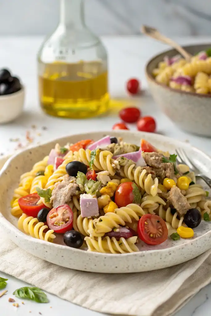 Ensalada de pasta con atún tipo fusilli servida en plato rústico moteado, con tomates cherry, aceitunas negras, maíz, cebolla roja, atún y hierbas frescas, sobre un paño de lino y fondo de mármol con botella de aceite desenfocada.