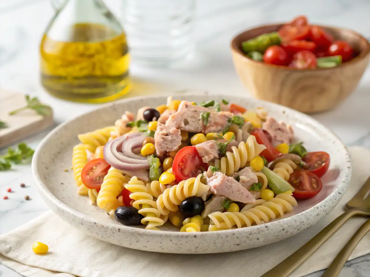 Plato de Ensalada de pasta con atún con fusilli, tomate cherry, aceitunas negras, maíz, cebolla roja y trozos de atún, servido sobre un paño de cocina, con botella de aceite, vaso y bol de madera al fondo sobre mármol blanco