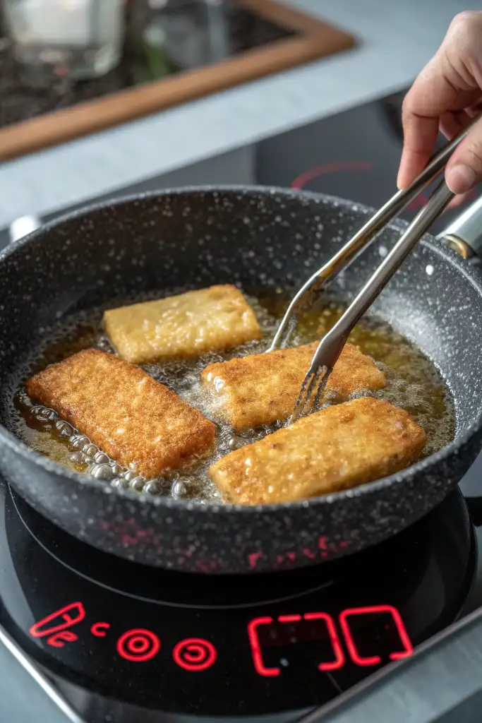 Primer plano de trozos rectangulares de leche frita friéndose doradas en aceite burbujeante en una sartén oscura moteada. Una mano usa pinzas metálicas para dar la vuelta a un trozo. La sartén sobre placa de inducción negra con controles rojos encendidos.