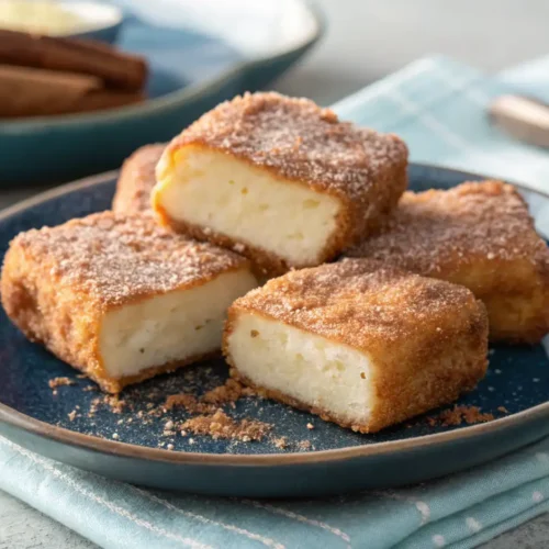 Primer plano de trozos cuadrados y dorados de leche frita apilados en un plato moteado azul oscuro. La leche frita está cubierta de azúcar y canela, y un trozo cortado muestra la textura cremosa interior. El plato sobre servilleta azul texturizada con canela al fondo.