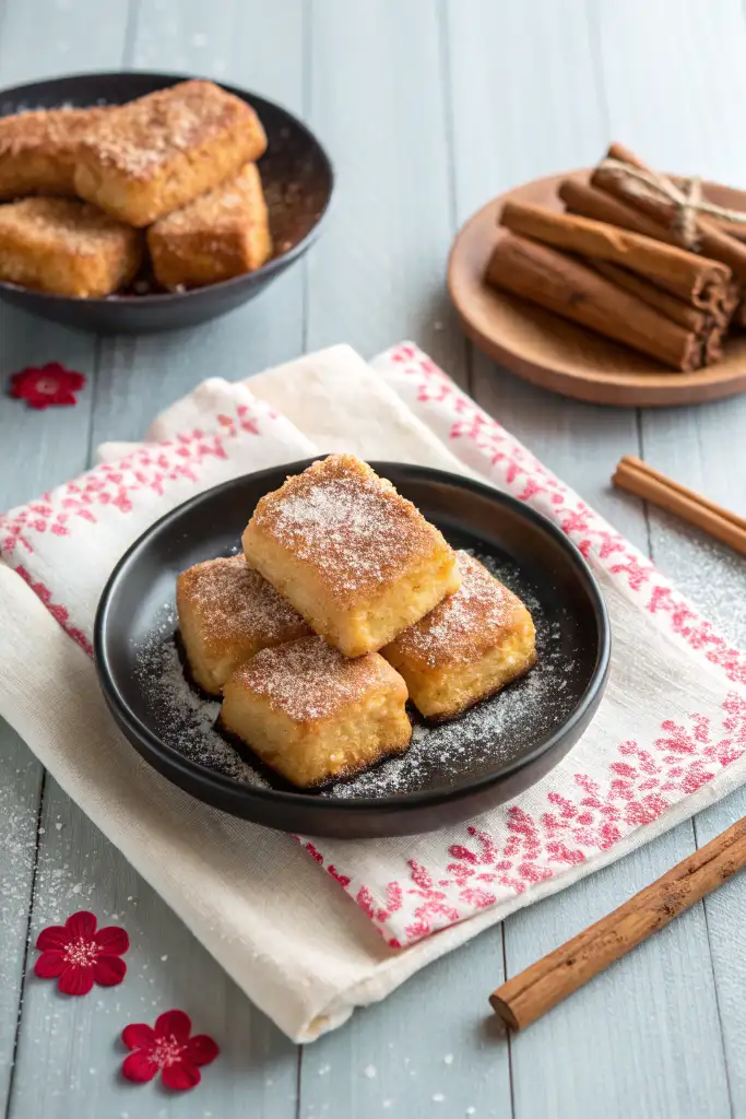 Leche frita dorada y apilada, generosamente espolvoreada con azúcar glas, en un plato negro pequeño. Reposa sobre servilleta blanca con estampado rojo, en mesa de madera azul claro. Canela y otro cuenco de leche frita al fondo.
