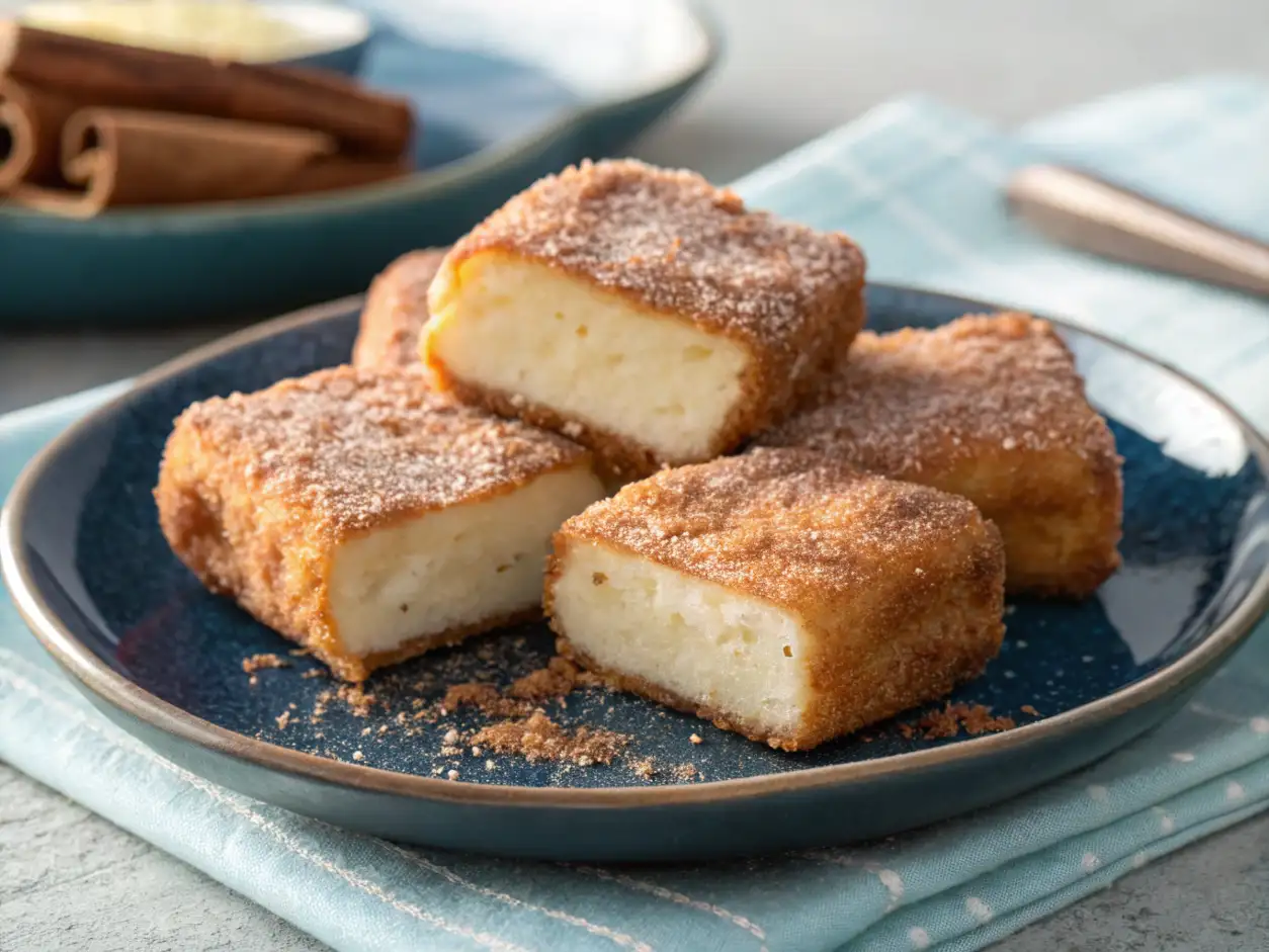 Primer plano de trozos cuadrados y dorados de leche frita apilados en un plato moteado azul oscuro. La leche frita está cubierta de azúcar y canela, y un trozo cortado muestra la textura cremosa interior. El plato sobre servilleta azul texturizada con canela al fondo.