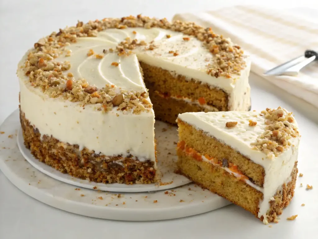 Receta carrot cake entera de capas con frosting y nueces, con una rebanada cortada