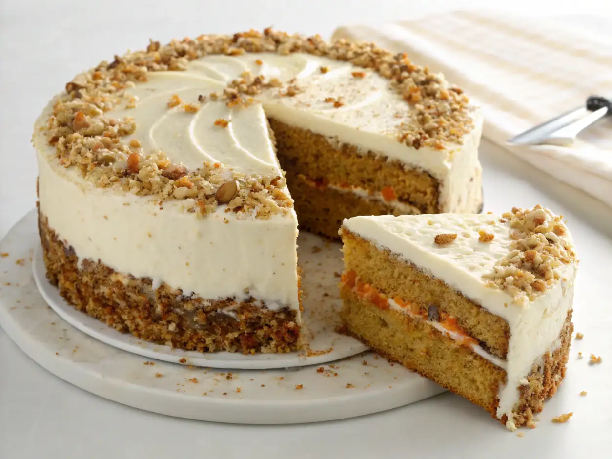 Receta carrot cake entera de capas con frosting y nueces, con una rebanada cortada