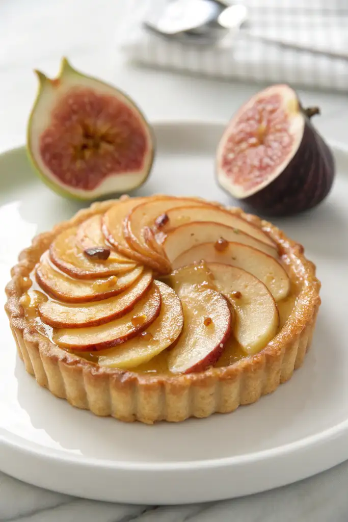 Elegante tartaleta de manzana individual con rodajas glaseadas, servida en plato blanco junto a dos mitades de higo fresco.