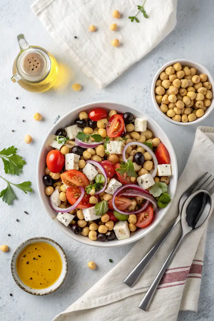 Vista cenital de ensalada de garbanzos mediterránea en bol blanco con tomate, feta, aceitunas y cebolla roja, rodeada de aliño, aceite, un bol de garbanzos y cubiertos sobre fondo gris.