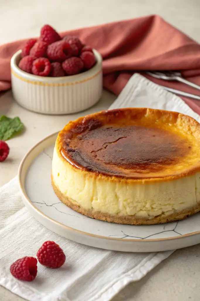 Tarta queso la viña 500 gramos servida junto a un bol de frambuesas.