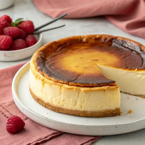 Tarta de queso la viña en lonchas de 500 gramos presentada con frambuesas frescas y servilleta rosa.