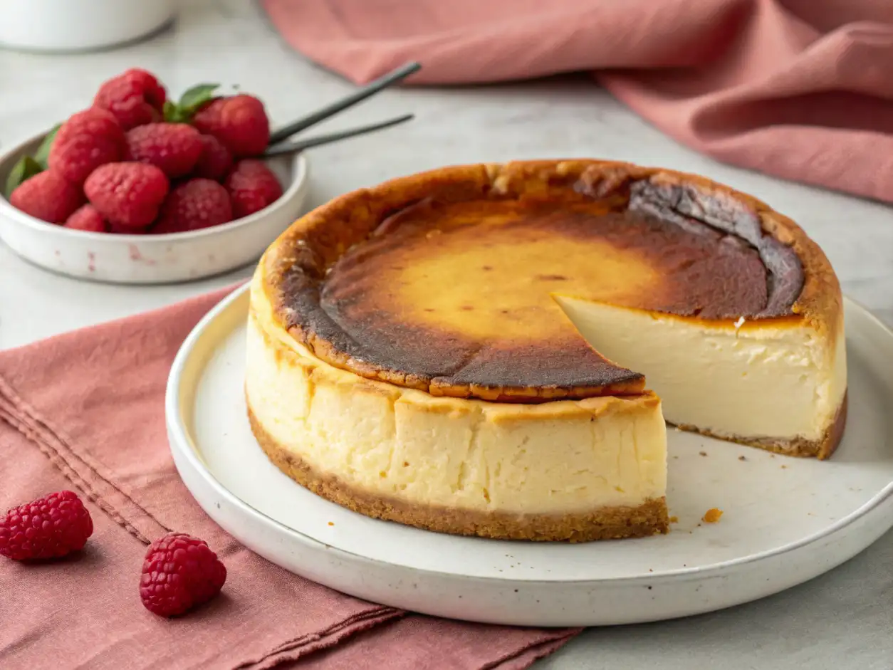 Tarta de queso la viña en lonchas de 500 gramos presentada con frambuesas frescas y servilleta rosa.