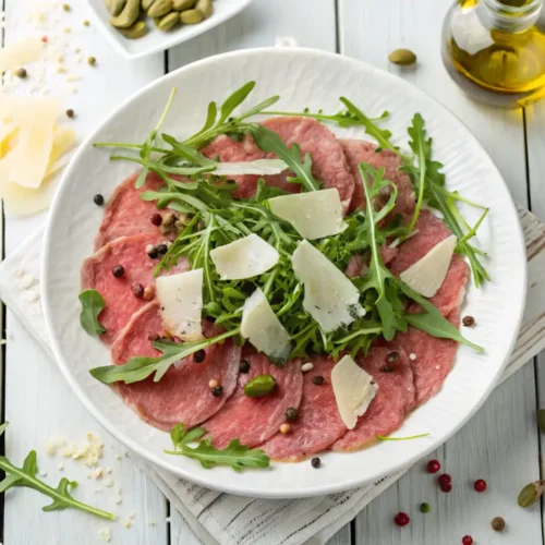 Plato de carpaccio de res fresco con hojas de rúcula, virutas de parmesano y granos de pimienta, sobre fondo de madera clara.