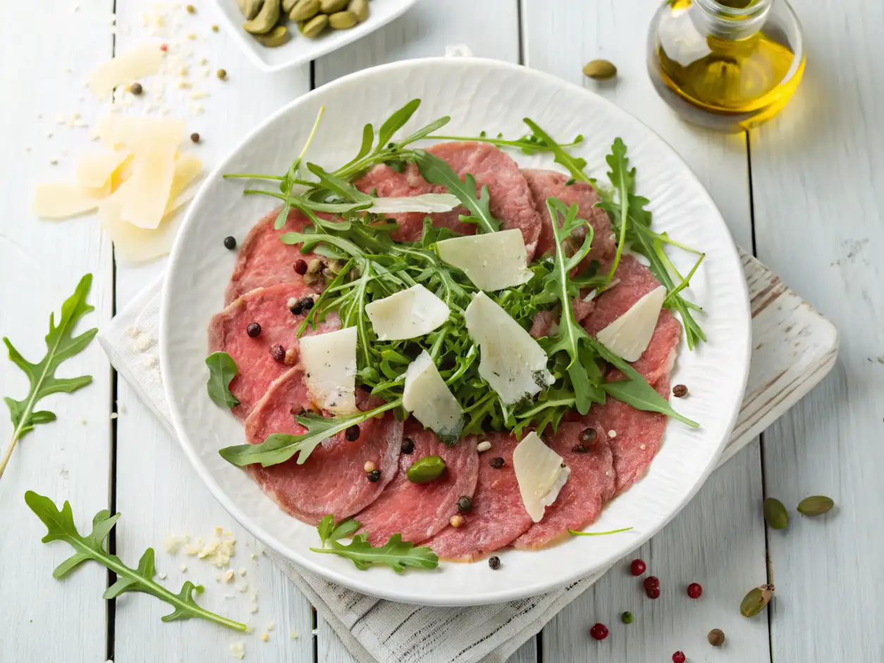 Plato de carpaccio de res fresco con hojas de rúcula, virutas de parmesano y granos de pimienta, sobre fondo de madera clara.
