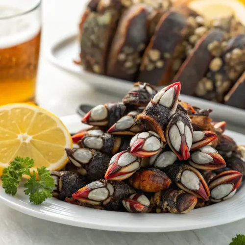 Generosa ración de percebes cocidos en un plato blanco con relieve, mostrando el resultado de cocinar percebes al estilo tradicional, con limón y perejil; al fondo se aprecia otra preparación de marisco y un vaso