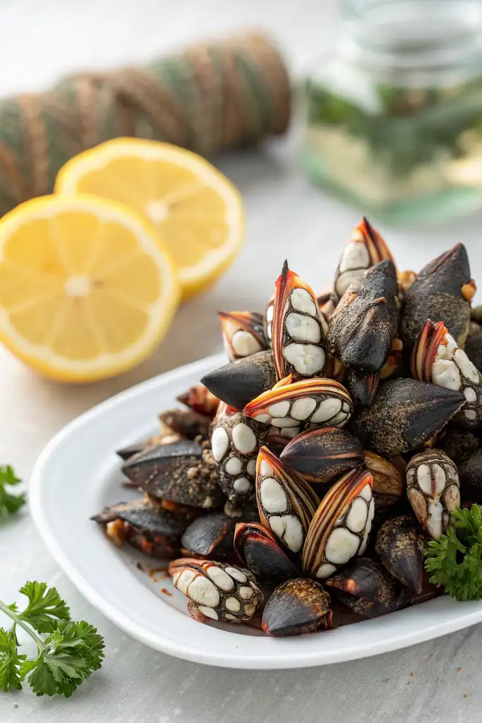 Plato blanco con percebes cocinados listos para degustar, guarnecido con limón y perejil, acompañado de un vaso alto de bebida espumosa al fondo; una excelente forma de disfrutar tras cocinar percebes