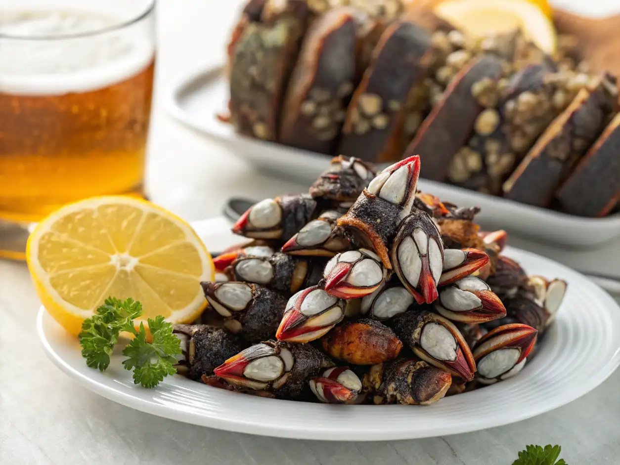 Generosa ración de percebes cocidos en un plato blanco con relieve, mostrando el resultado de cocinar percebes al estilo tradicional, con limón y perejil; al fondo se aprecia otra preparación de marisco y un vaso