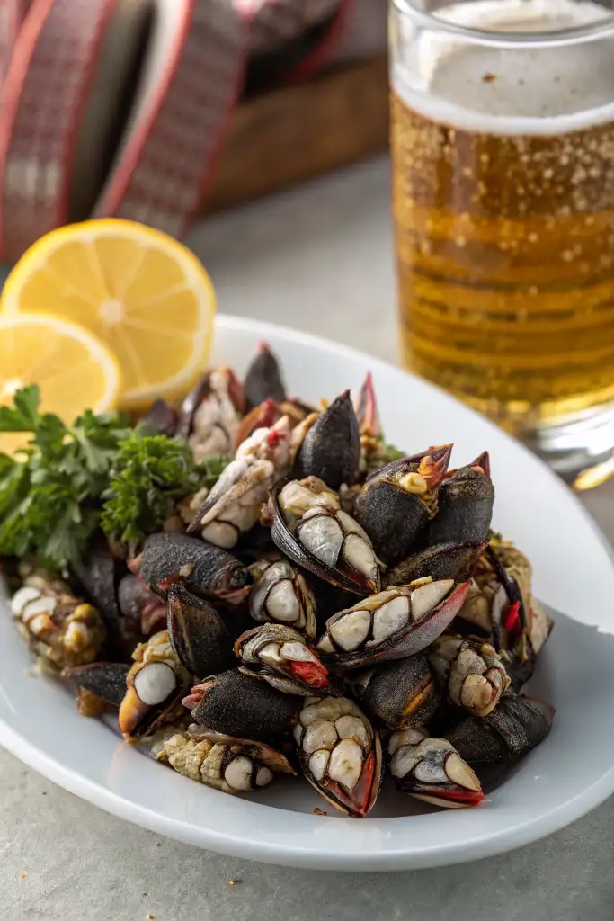 Primer plano de un plato blanco con percebes cocidos, resultado de cocinar percebes frescos, adornado con dos mitades de limón y perejil fresco; al fondo, un tarro de cristal