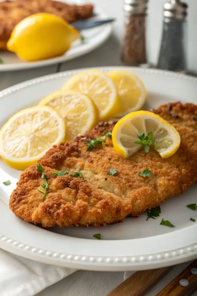 Escalope de ternera clásico, de color dorado intenso, servido en un plato blanco con borde decorado, acompañado de múltiples rodajas de limón dispuestas en abanico y perejil picado. Saleros visibles al fondo.