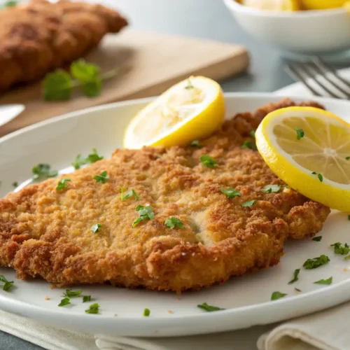Escalope de ternera clásico, dorado y crujiente, servido en un plato blanco con rodajas de limón fresco y un toque de perejil picado. Otro escalope visible al fondo sobre una tabla.