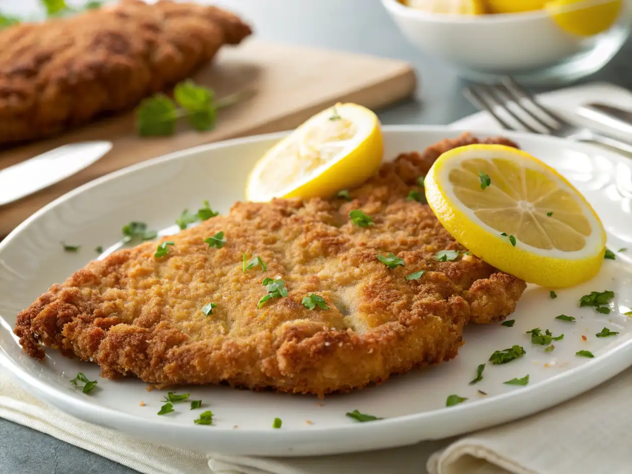 Escalope de ternera clásico, dorado y crujiente, servido en un plato blanco con rodajas de limón fresco y un toque de perejil picado. Otro escalope visible al fondo sobre una tabla.
