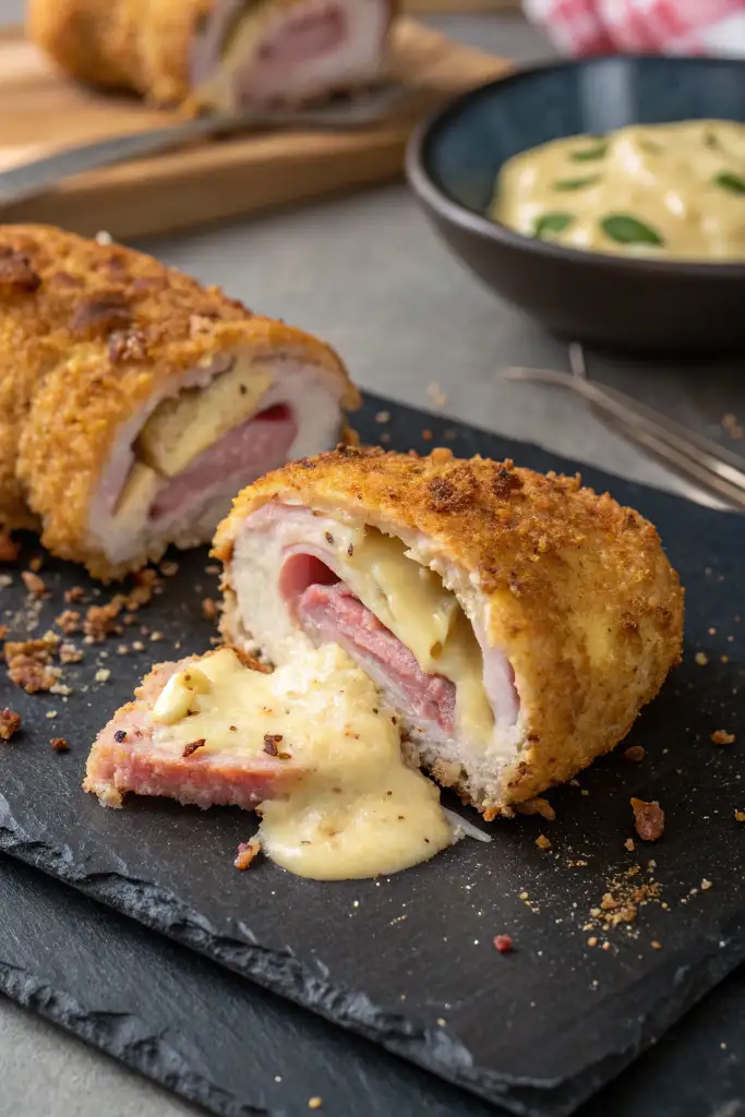 Escalope de ternera relleno estilo Cordon Bleu, cortado para mostrar el interior con jamón y queso fundido y cremoso, servido sobre una pizarra oscura. Una salsa acompaña en un cuenco al fondo.