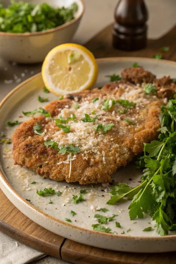 Primer plano de un escalope de ternera a la milanesa auténtica, dorado y crujiente, servido en un plato rústico con abundante queso parmesano rallado, perejil fresco picado y una rodaja de limón. Al fondo, un cuenco con más perejil.