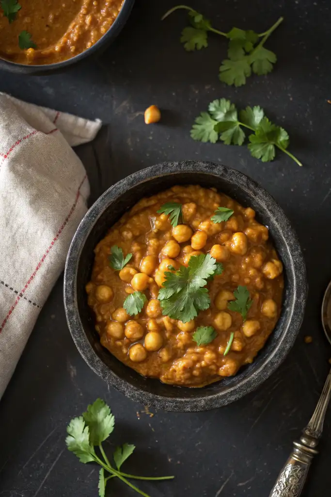 Vista superior de Garbanzos al curry caseros en un bol rústico oscuro, decorados con cilantro fresco, sobre una superficie oscura texturizada con una servilleta al lado.