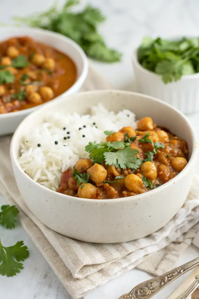 Garbanzos al curry cremosos servidos con arroz blanco basmati y cilantro fresco en un bol de cerámica clara sobre una servilleta de lino.