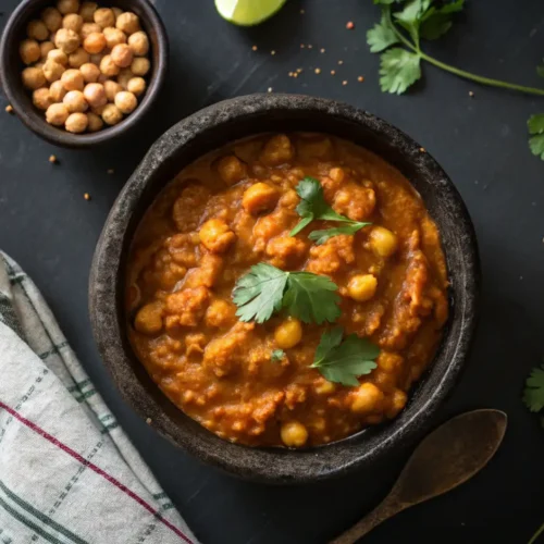 Garbanzos al curry presentados en un bol de piedra oscura, vista cenital, acompañados de un cuenco con garbanzos secos, cilantro fresco y una cuchara de madera sobre fondo de pizarra.