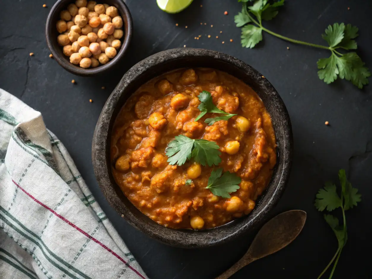 Garbanzos al curry presentados en un bol de piedra oscura, vista cenital, acompañados de un cuenco con garbanzos secos, cilantro fresco y una cuchara de madera sobre fondo de pizarra.