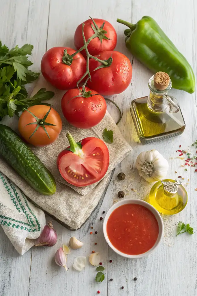 Ingredientes frescos para la receta gazpacho andaluz: tomates, pepino, pimiento, ajo, aceite de oliva, y un bol de gazpacho sobre mesa de madera blanca.