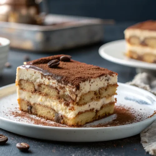 Primer plano de una generosa rebanada de pastel tiramisú de varias capas en un plato gris claro, decorado con granos de café y cacao en polvo, sobre una superficie oscura.