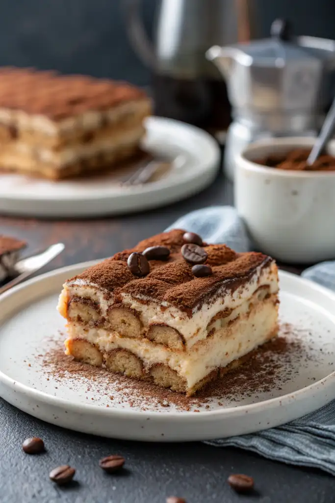 Porción de pastel tiramisú en un plato blanco, espolvoreado con cacao y adornado con granos de café, con una cafetera moka y otra porción de tiramisú desenfocadas al fondo.
