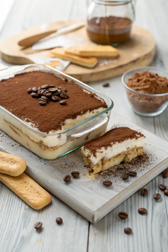 Pastel tiramisú en una fuente de vidrio con una rebanada cortada y servida sobre una tabla de madera blanca, rodeado de bizcochos de soletilla, cacao en polvo y granos de café.