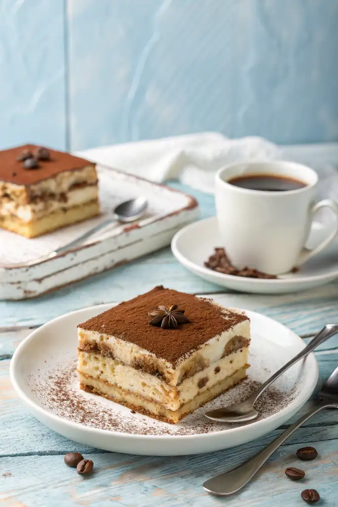 Rebanada de pastel tiramisú en un plato blanco con una estrella de anís encima, acompañada de una taza de café y otra porción de tiramisú al fondo sobre una tabla de madera blanca, todo en una mesa de madera azul claro.