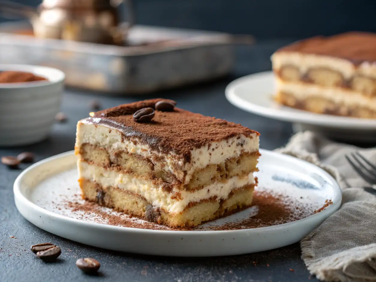 Primer plano de una generosa rebanada de pastel tiramisú de varias capas en un plato gris claro, decorado con granos de café y cacao en polvo, sobre una superficie oscura.