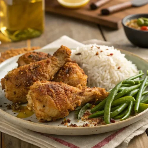 Plato con tres muslos de Pollo Cajun dorados y especiados, servidos con una porción de arroz blanco y judías verdes frescas en una mesa de madera.