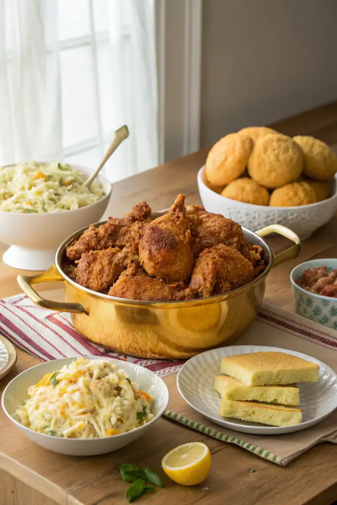 Festín de Pollo Cajun frito en una olla dorada, acompañado de ensalada de col cremosa y panecillos de maíz dorados, listos para compartir.